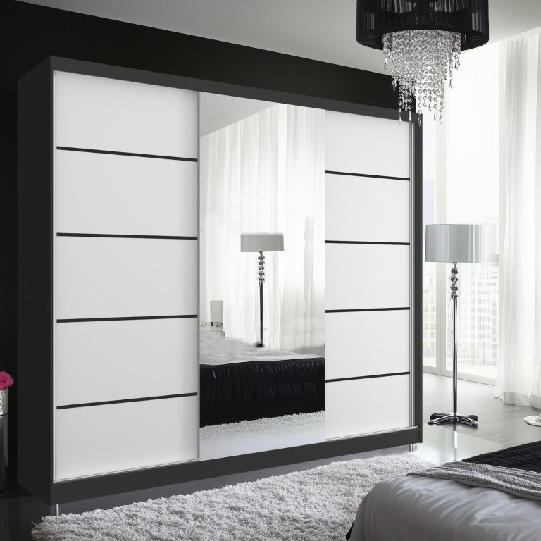 Šatní skříň SERENITY 232 cm Belini černý mat / bílý mat s posuvnými dveřmi a zrcadlem Výrobce MBP SERENITY SZP8/0/B/W/0/HIAL