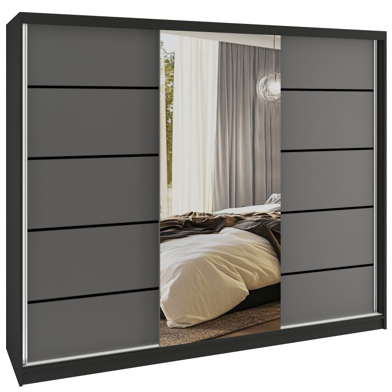 Šatní skříň SERENITY 232 cm Belini černý mat / šedý mat s posuvnými dveřmi a zrcadlem Výrobce MBP SERENITY SZP8/0/B/SR/0/HIAL