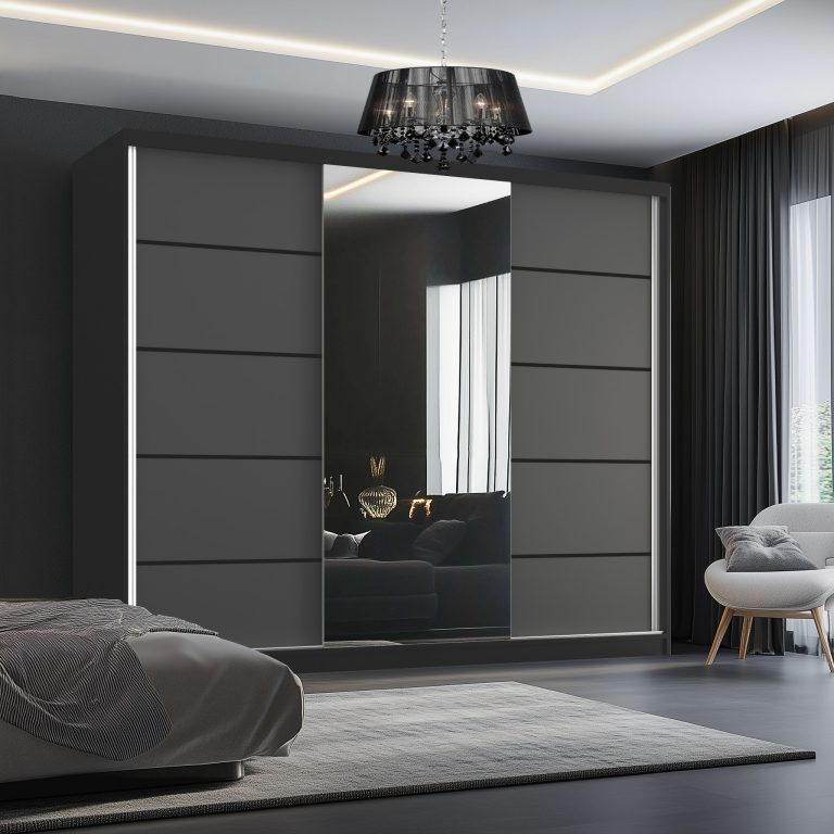 Šatní skříň SERENITY 200 cm Belini černý mat /šedý mat s posuvnými dveřmi a zrcadlem Výrobce MT SERENITY SZP5/0/B/SR/0/HIAL