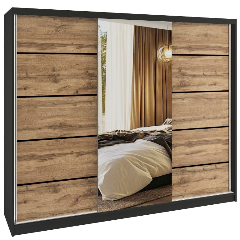Šatní skříň SERENITY 232 cm Belini černý mat /dub wotan s posuvnými dveřmi a zrcadlem Výrobce MBP SERENITY SZP8/0/B/DW/0/HIAL