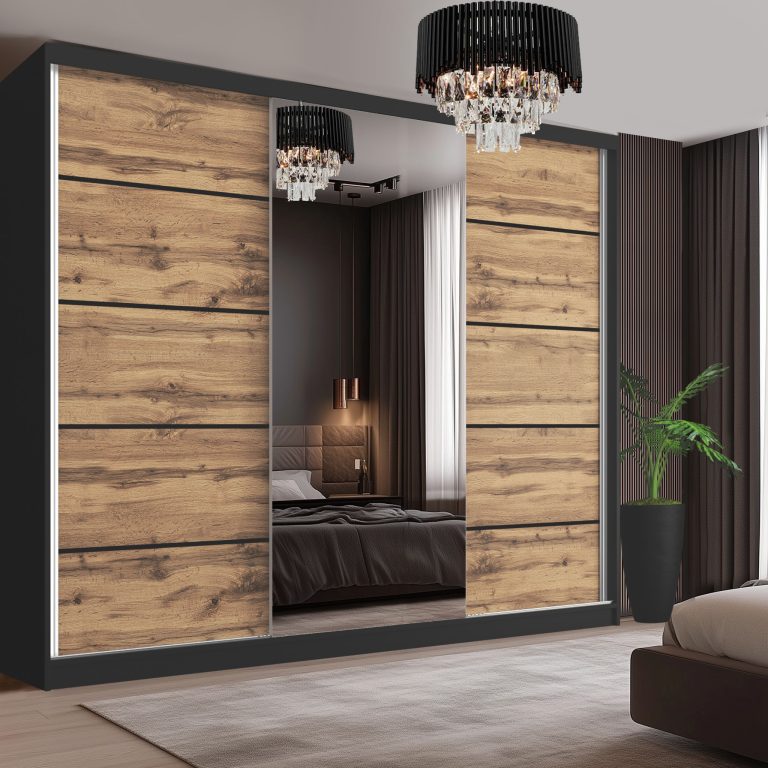 Šatní skříň SERENITY 232 cm Belini černý mat /dub wotan s posuvnými dveřmi a zrcadlem Výrobce MBP SERENITY SZP8/0/B/DW/0/HIAL