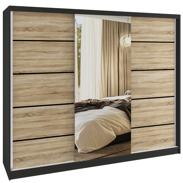 Šatní skříň SERENITY 232 cm Beliničerný mat / dub sonoma
 s posuvnými dveřmi a zrcadlem Výrobce MBP SERENITY SZP8/0/B/DS/0/HIAL 