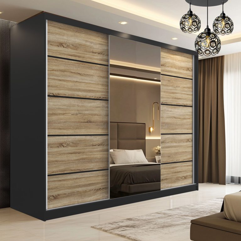 Šatní skříň SERENITY 200 cm Belini černý mat /dub sonoma s posuvnými dveřmi a zrcadlem Výrobce MT SERENITY SZP5/0/B/DS/0/HIAL