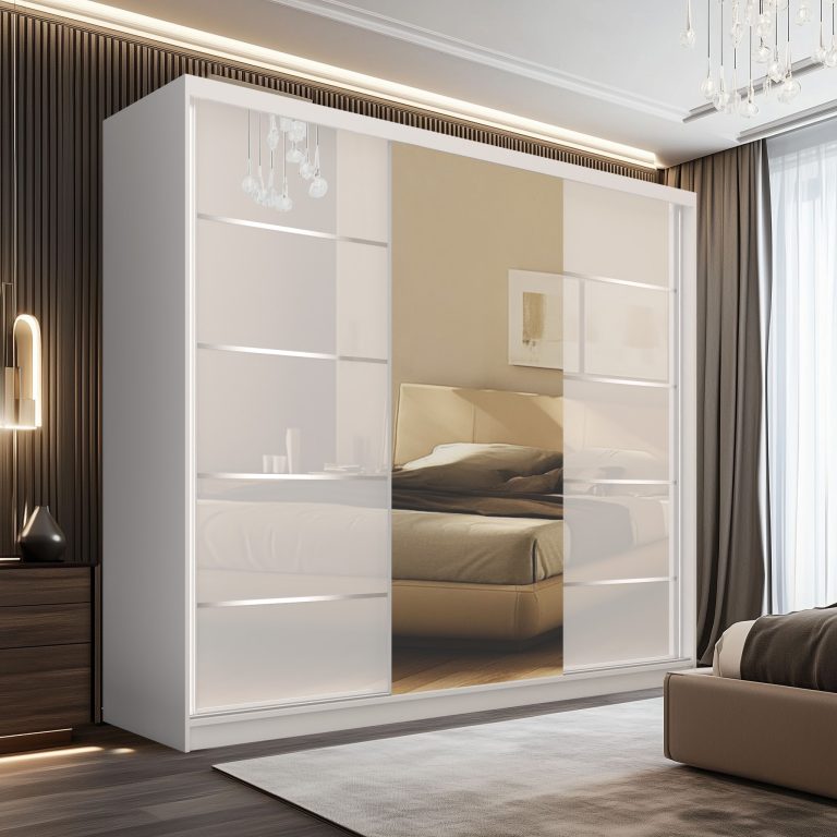 Šatní skříň SERENITY 232 cm Belini bílý mat / bílý lesk s posuvnými dveřmi a zrcadlem Výrobce MGB SERENITY SZP8/0/W/W/0/HIAL