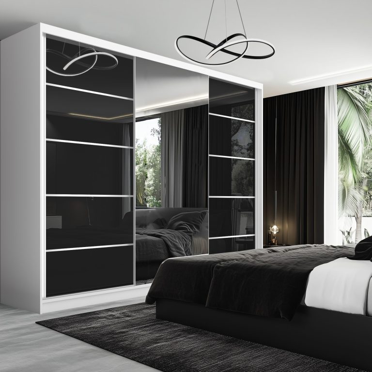 Šatní skříň SERENITY 232 cm Belini bílý mat / černý lesk s posuvnými dveřmi a zrcadlem Výrobce MGB SERENITY SZP8/0/W/B/0/HIAL