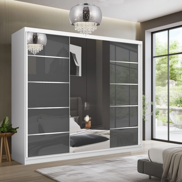 Šatní skříň SERENITY 232 cm Belini bílý mat / šedý lesk s posuvnými dveřmi a zrcadlem Výrobce MGB SERENITY SZP8/0/W/S/0/HIAL