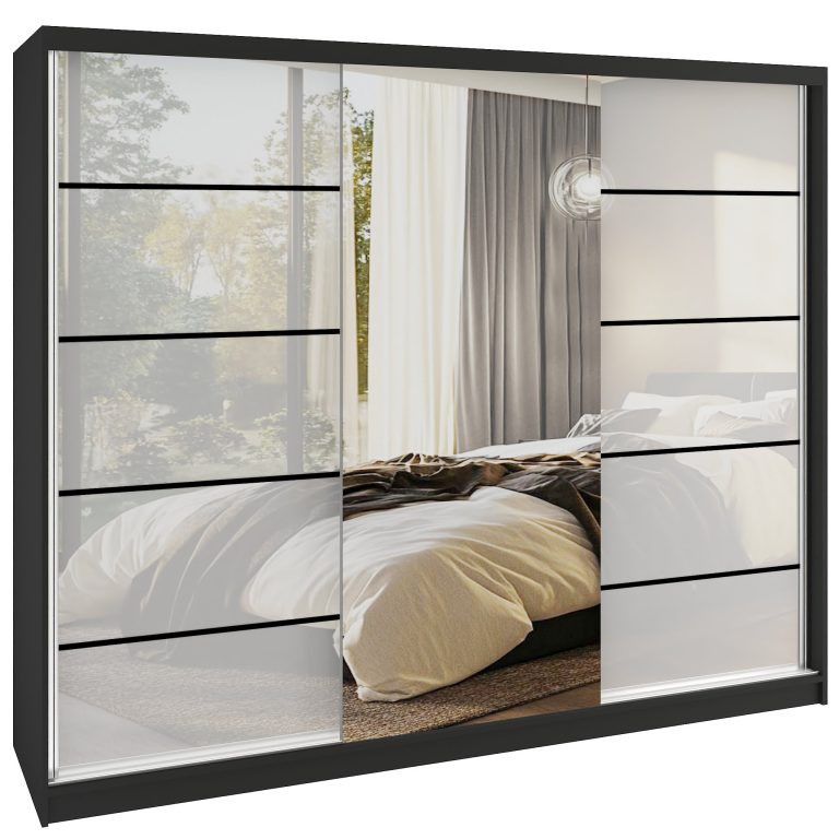 Šatní skříň SERENITY 200 cm Belini černý mat / bílý lesk s posuvnými dveřmi a zrcadlem Výrobce MTG SERENITY SZP5/0/B/W/0/HIAL
