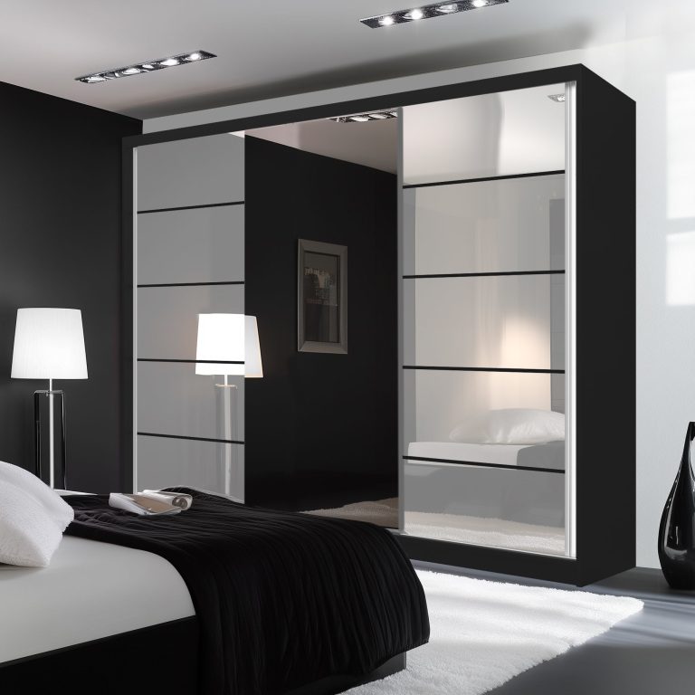 Šatní skříň SERENITY 232 cm Belini černý mat / bílý lesk s posuvnými dveřmi a zrcadlem Výrobce MGB SERENITY SZP8/0/B/W/0/HIAL