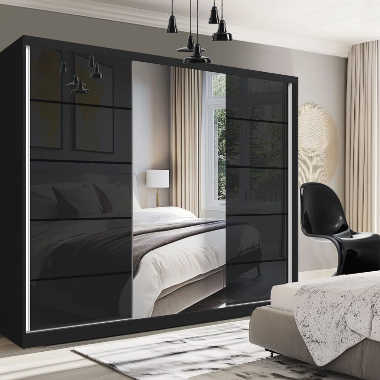 Šatní skříň SERENITY 232 cm Belini černý mat / černý lesk s posuvnými dveřmi a zrcadlem Výrobce MGB SERENITY SZP8/0/B/B/0/HIAL