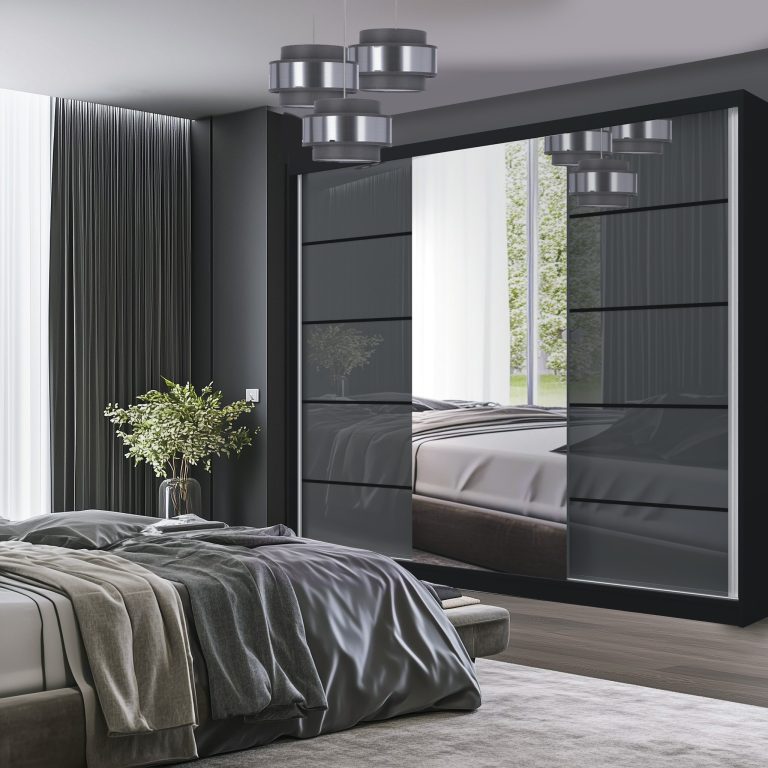 Šatní skříň SERENITY 232 cm Belini černý mat / šedý lesk s posuvnými dveřmi a zrcadlem Výrobce MGB SERENITY SZP8/0/B/S/0/HIAL