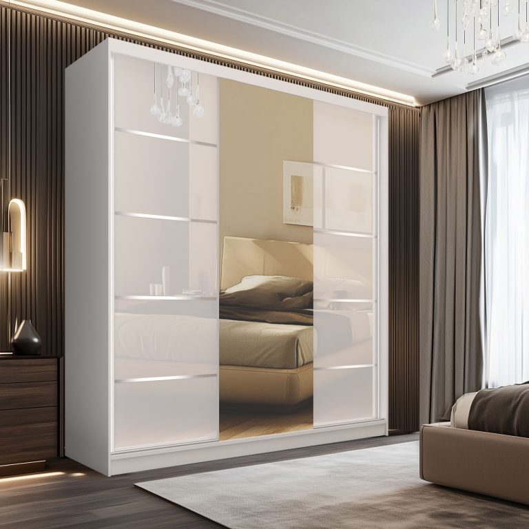 Šatní skříň SERENITY 200 cm Belini bílý mat / bílý lesk s posuvnými dveřmi a zrcadlem Výrobce MTG SERENITY SZP5/0/W/W/0/HIAL