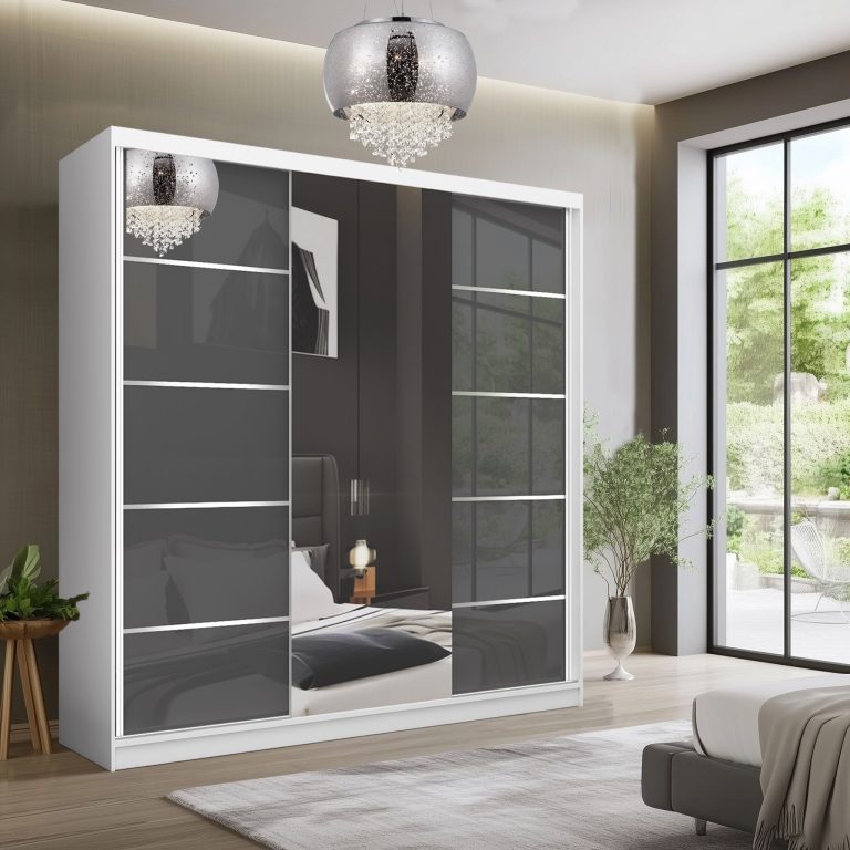 Šatní skříň SERENITY 200 cm Belini bílý mat / šedý lesk s posuvnými dveřmi a zrcadlem Výrobce MTG SERENITY SZP5/0/W/S/0/HIAL