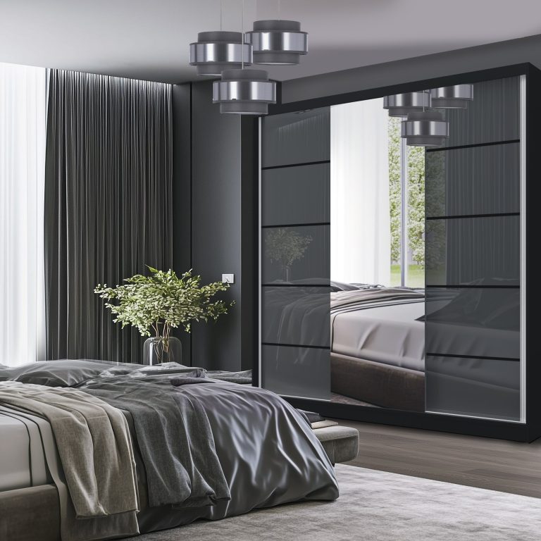 Šatní skříň SERENITY 200 cm Belini černý mat / šedý lesk s posuvnými dveřmi a zrcadlem Výrobce MTG SERENITY SZP5/0/B/S/0/HIAL