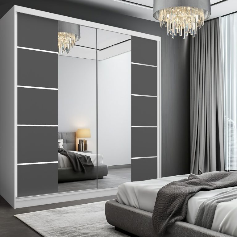 Šatní skříň SERENITY 200 cm Belini bílý mat / šedý mat s posuvnými dveřmi a zrcadlem Výrobce ME SERENITY SZP5/0/W/SR/0/HIAL