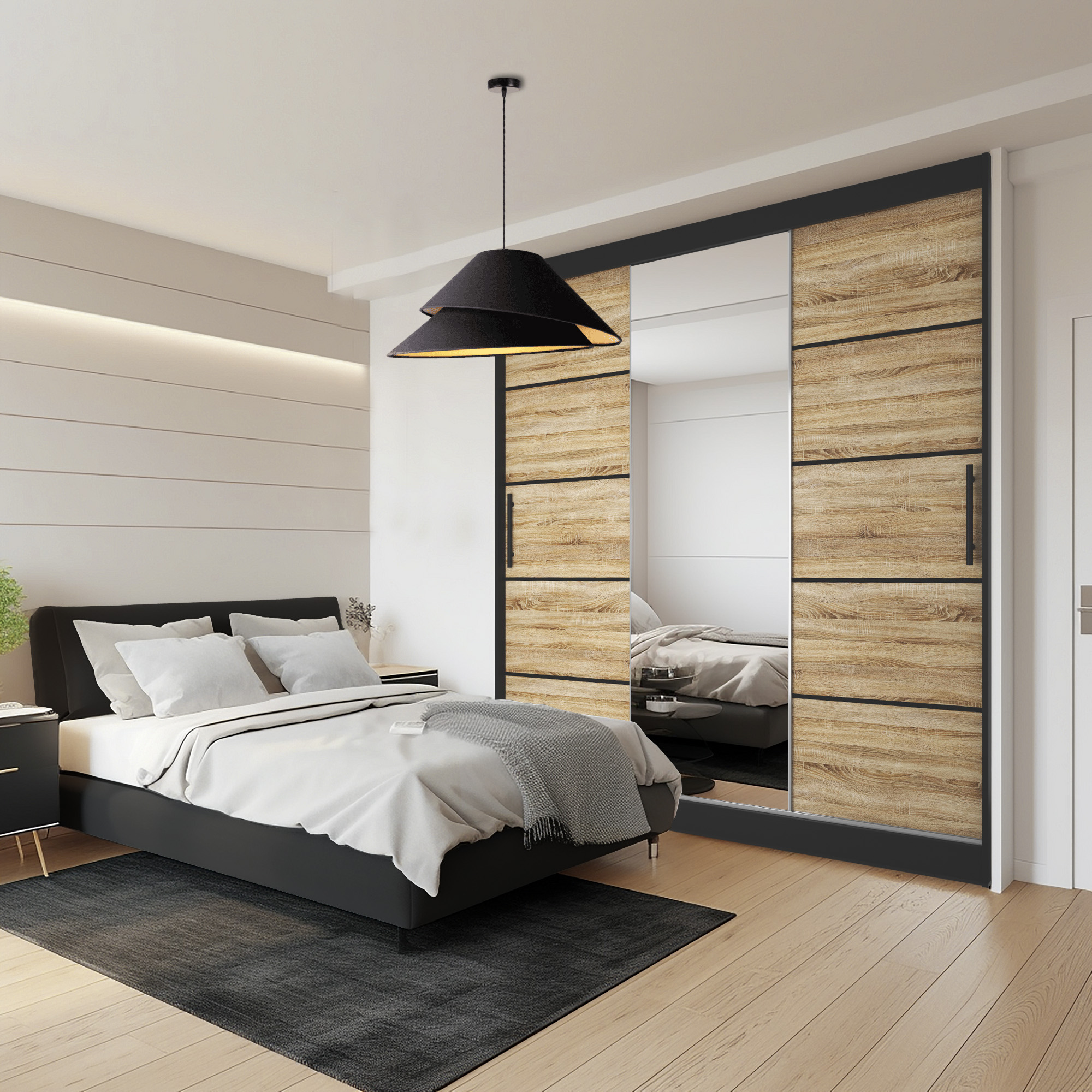Ložnice s dřevěnými prvky a moderním designem
