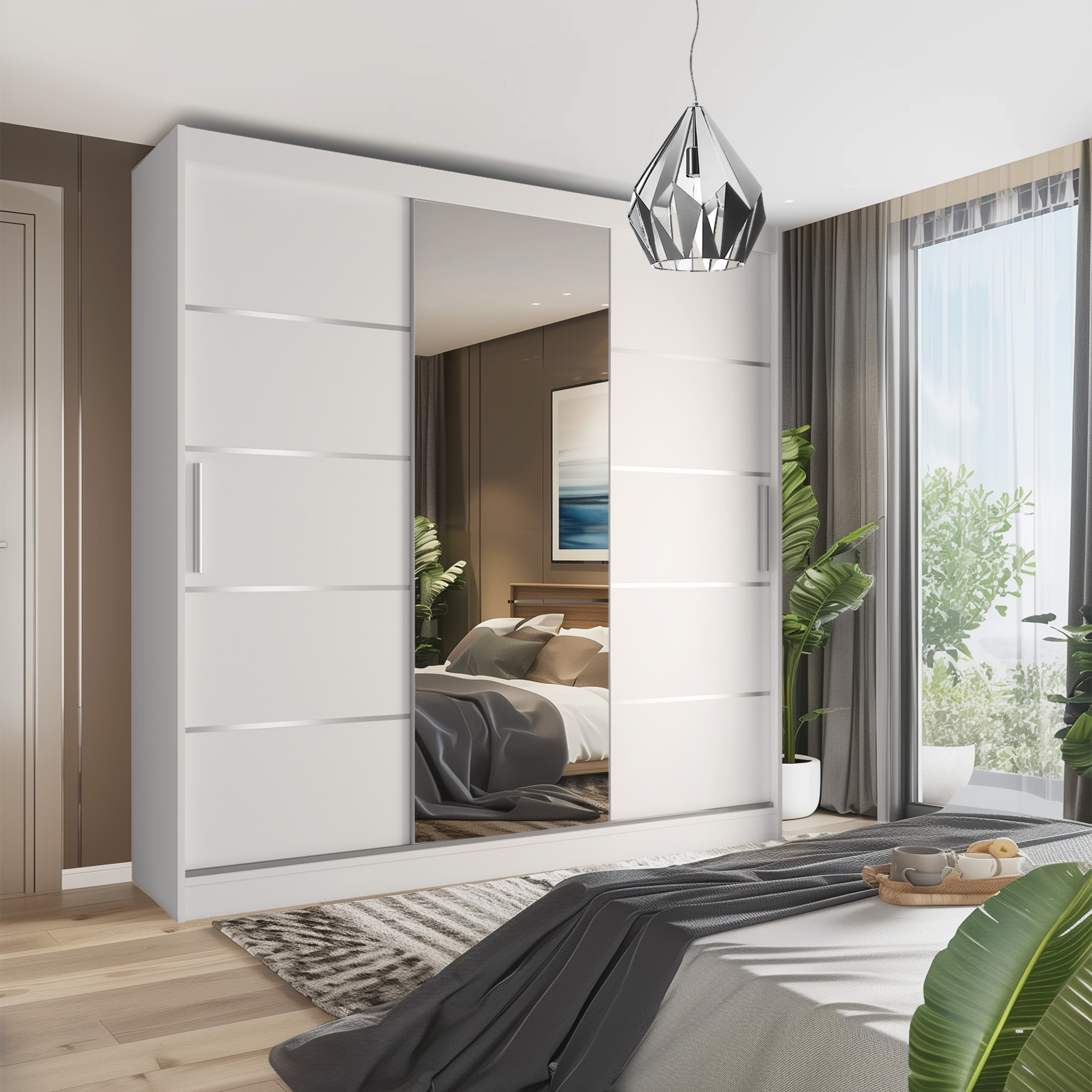 Moderní ložnice s bílou skříní a zrcadlem