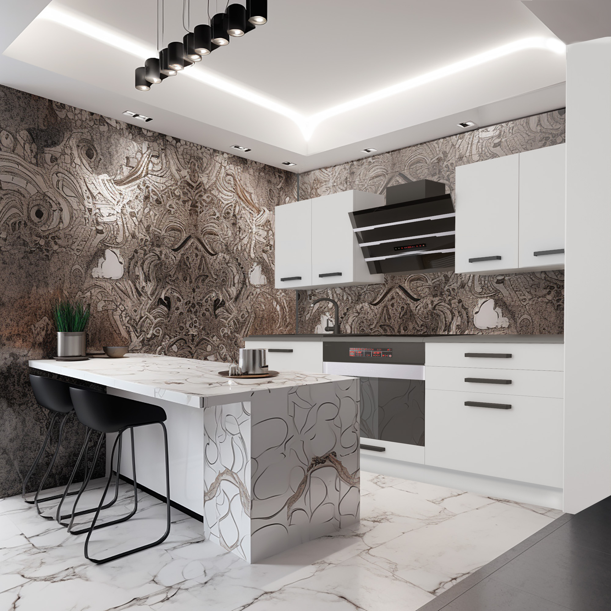 Kuchyňská linka s moderním designem a mramorovými detaily