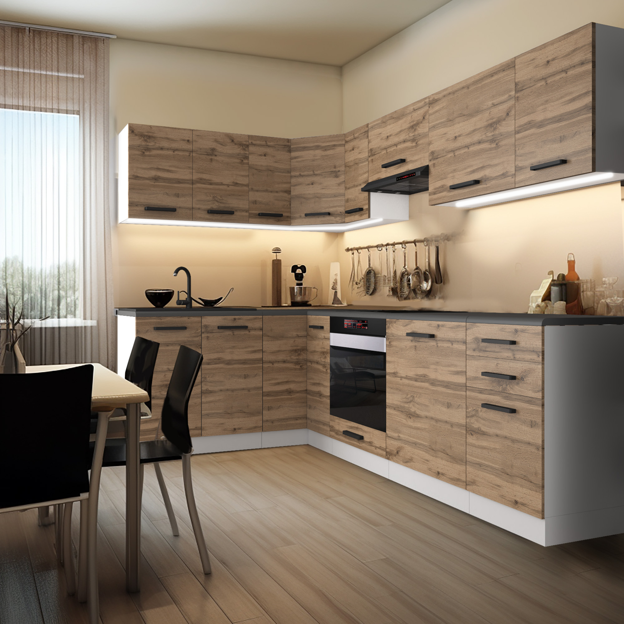 Dřevěná kuchyňská sestava s jídelním koutem