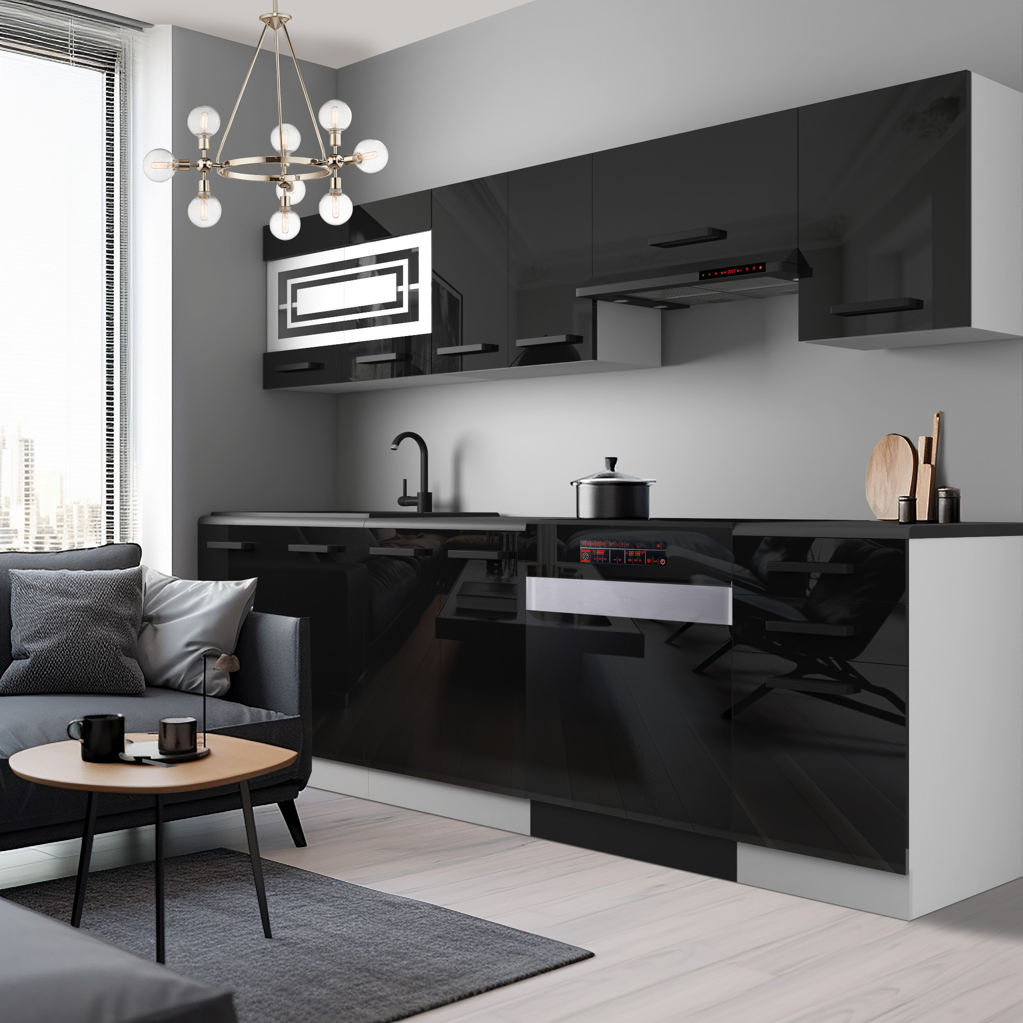 Stylová kuchyně s tmavými prvky a moderním osvětlením