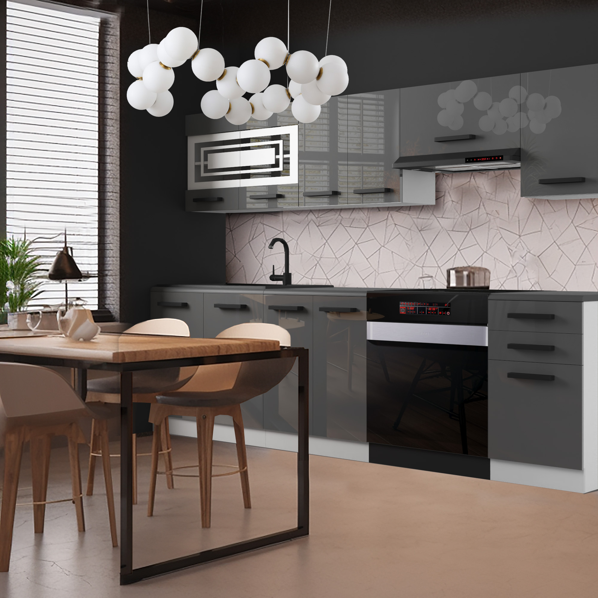 Šedé skříňky v elegantní kuchyni s jídelním stolem