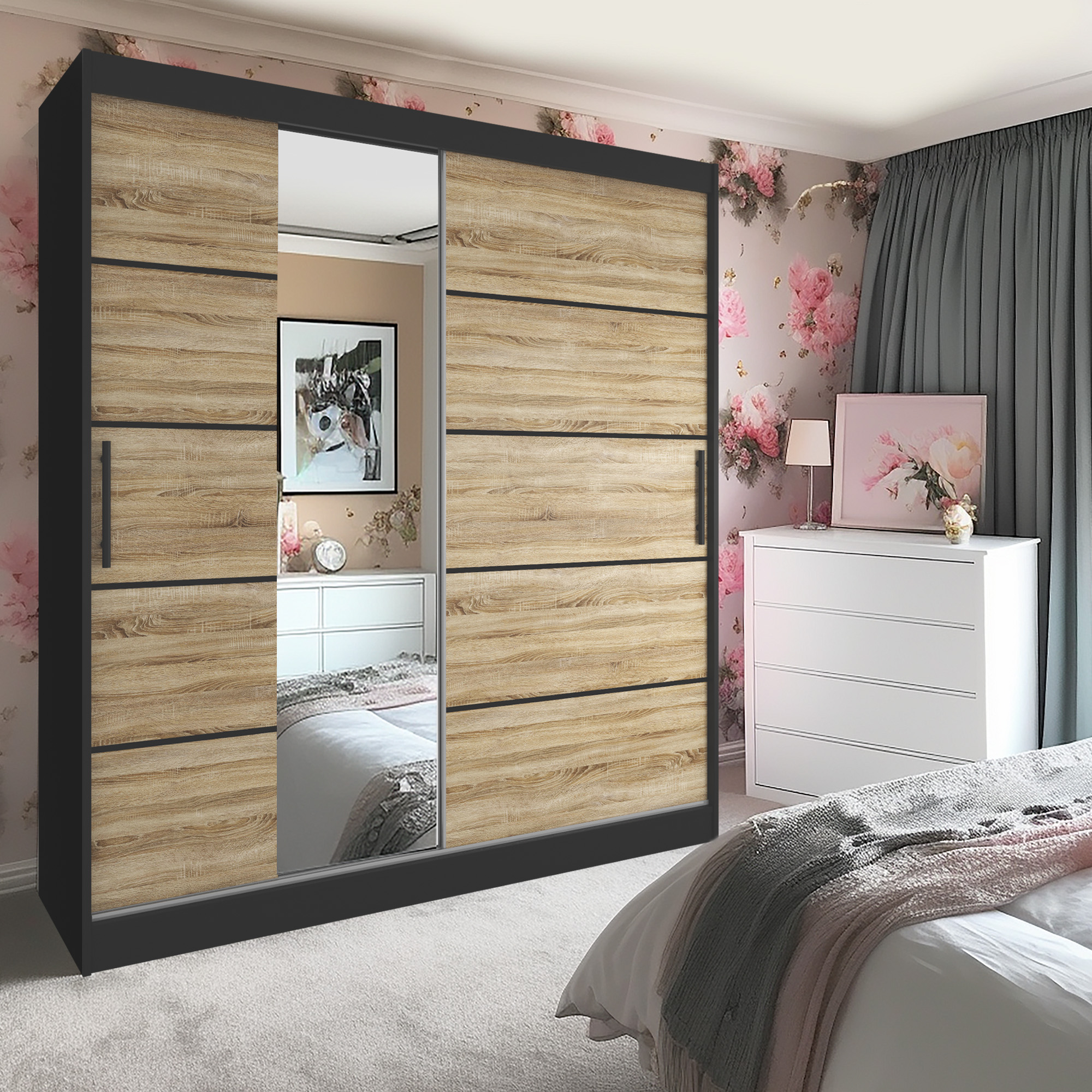 Květinový design ložnice se zrcadlovou skříní