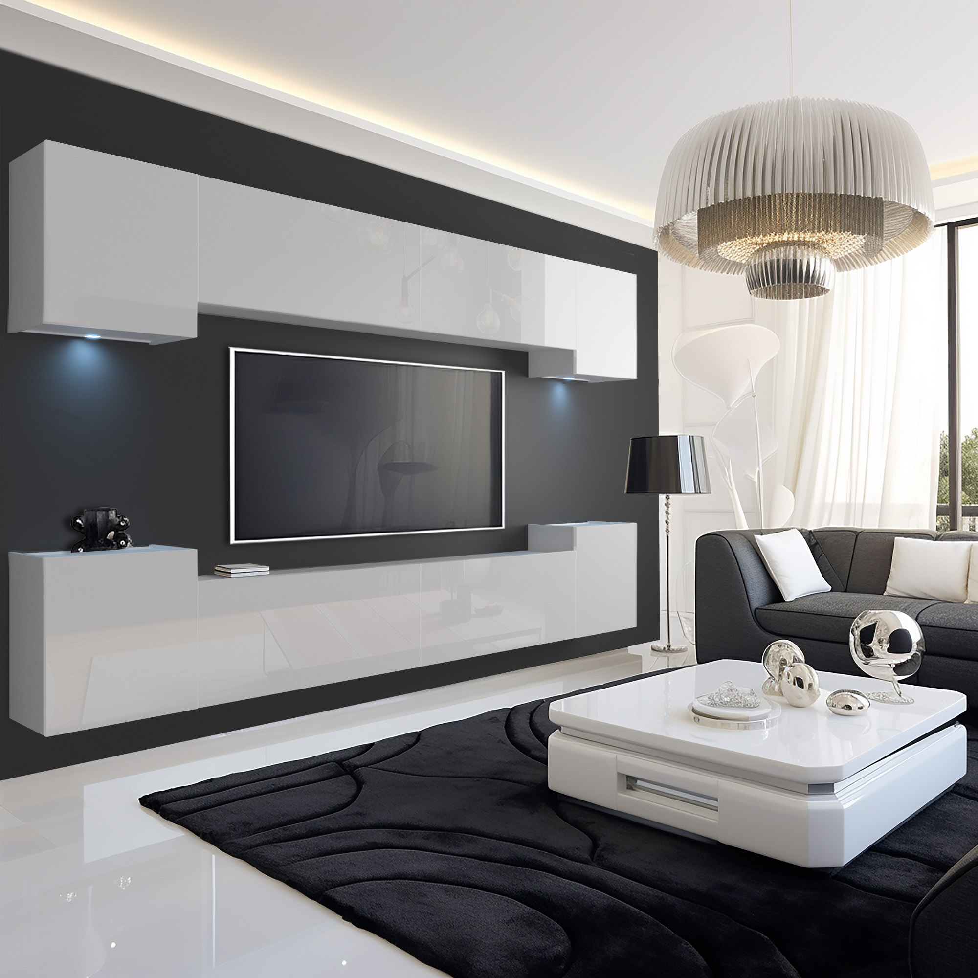 Obývací pokoj s černobílým designem a moderním nábytkem