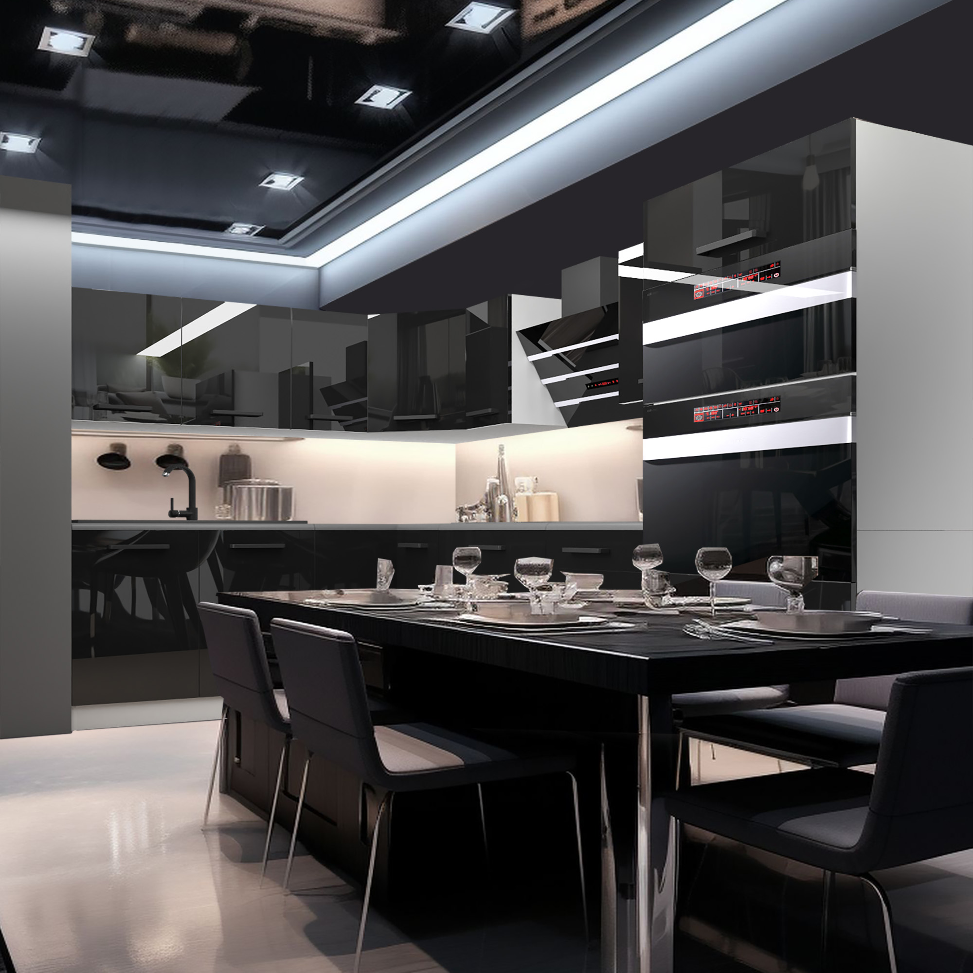 Černá lesklá kuchyň s jídelním stolem a LED osvětlením
