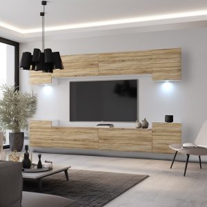Obývací pokoj s TV stěnou v dřevodekoru a LED světly