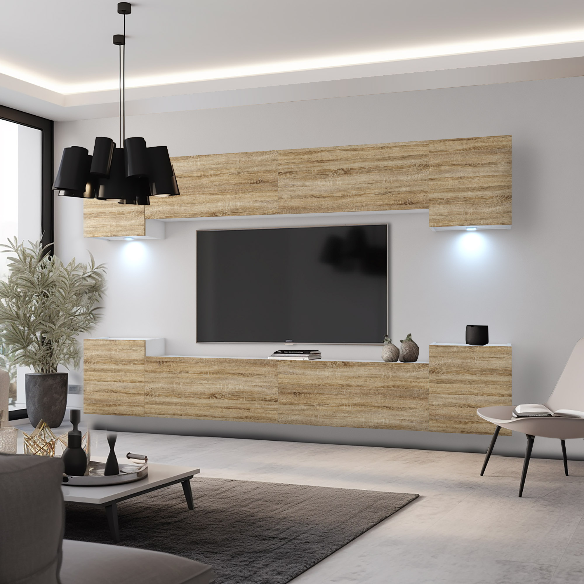Obývací pokoj s TV stěnou v dřevodekoru a LED světly