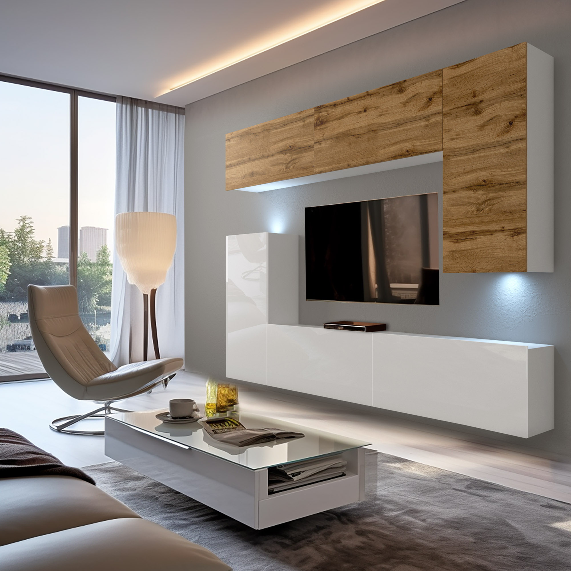 TV stěna bílý lesk a dub, LED, skleněný stolek