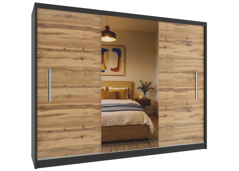 Šatní skříň s posuvnými dveřmi 232 cm se zrcadlem dubová dub wotan Výrobce MES PRIMO SZP4/2/1B/2DW1L/0/AL