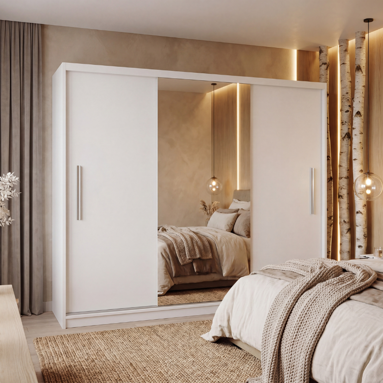 Šatní skříň s posuvnými dveřmi 232 cm se zrcadlem bílá matná Výrobce MES PRIMO SZP4/2/1W/2W1L/0/AL