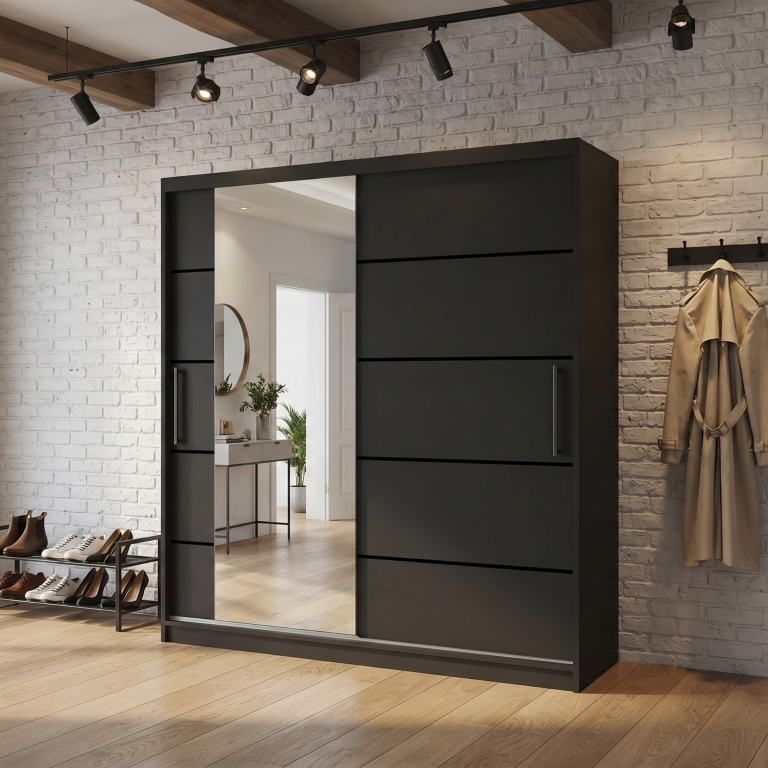 Šatní skříň 158 cm Belini černý mat s posuvnými dveřmi zrcadlem a zásuvkami Výrobce MBP SZP7/0/B/B/0/KLP