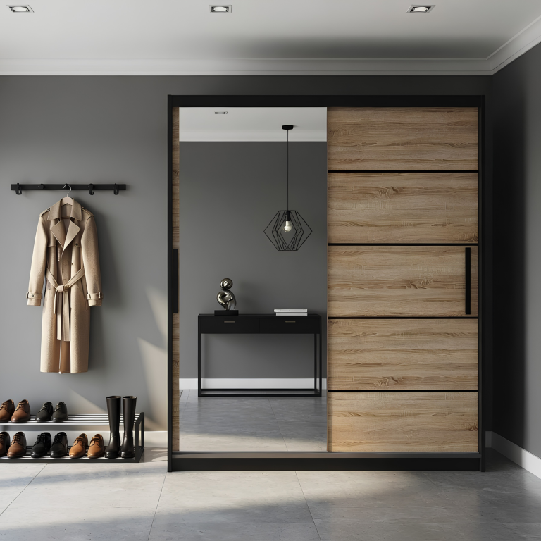 Šatní skříň 158 cm Belini černý mat / dub sonoma s posuvnými dveřmi a zrcadlem Výrobce MZ SZP3/1/B/DS/0/BL