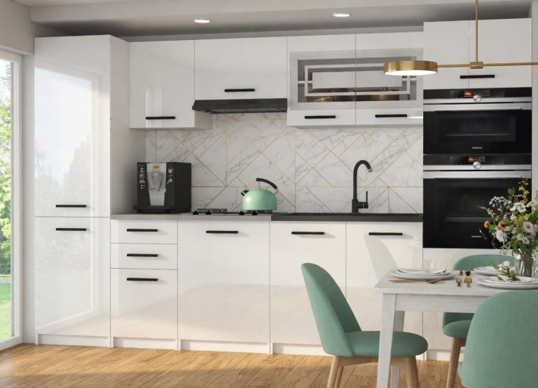 Kuchyňská linka Belini 300 cm bílý lesk
s pracovní deskou Syntka2 Výrobce INF SYNTKA2/5/WT/W/0/B1