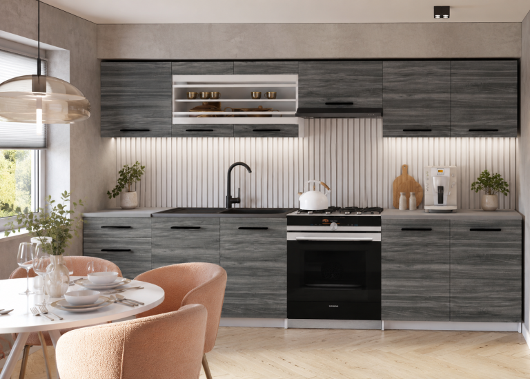 Kuchyňská linka Belini 260 cm šedý antracit Glamour Wood s pracovní deskou Justyna Výrobce TOR JUSTYNA/3/WT/GW1/0/B1