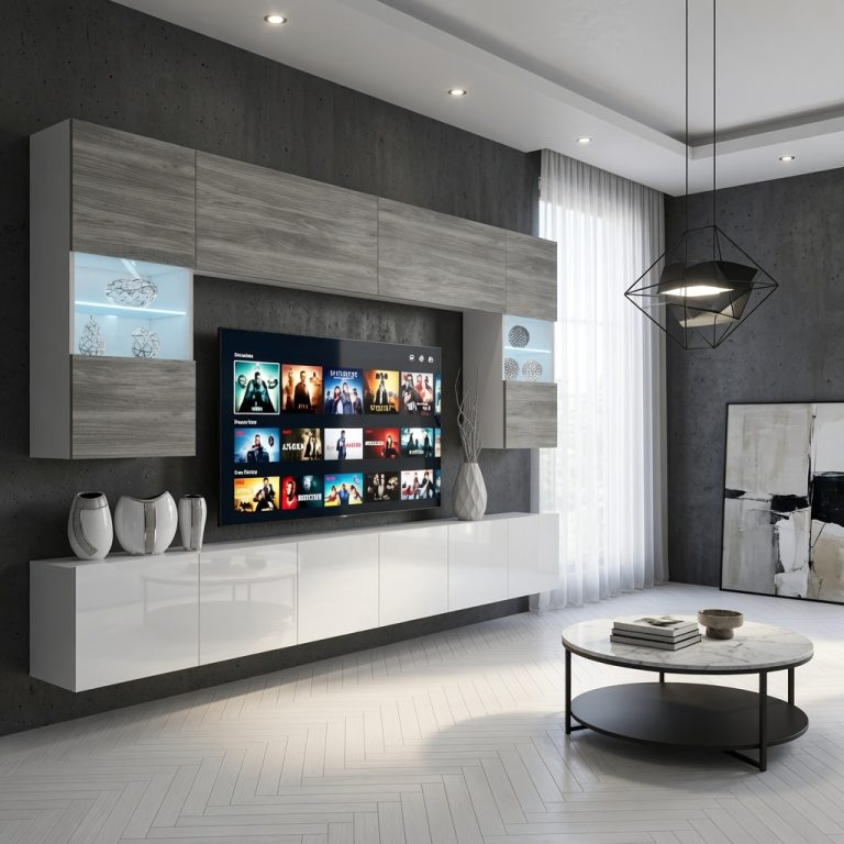 Obývací stěna Belini Premium Full Version šedý antracit Glamour Wood / bílý lesk + LED osvětlení Nexum 3 Výrobce NEX 1/0/W/GW1W/0/0/PP