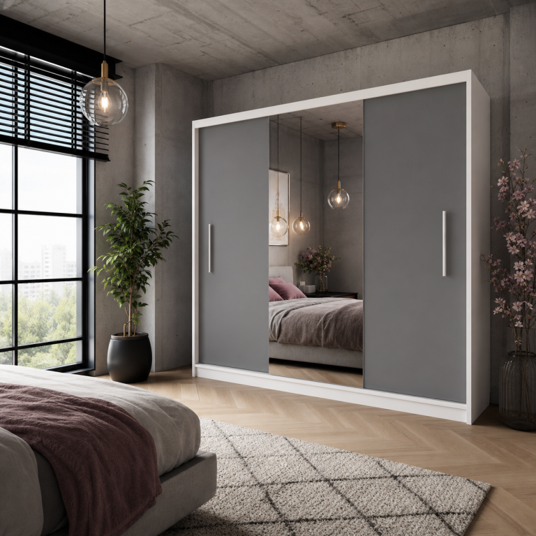Šatní skříň s posuvnými dveřmi 232 cm se zrcadlem šedá matná Výrobce MES PRIMO SZP4/2/1W/2SR1L/0/AL