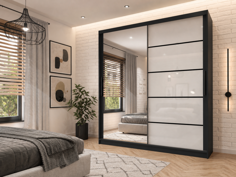 Šatní skříň 200 cm Belini černý mat / bílý lesk s posuvnými dveřmi zrcadlem a zásuvkami Výrobce MGB SZP5/1/B/1L5W/KLP