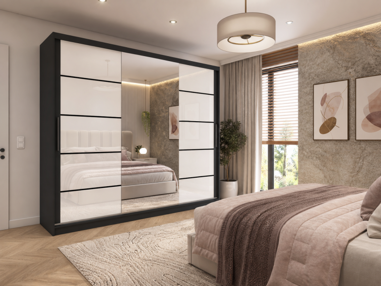 Šatní skříň 232 cm Belini černý mat / bílý lesk s posuvnými dveřmi zrcadlem a zásuvkami Výrobce MGB SZP8/0/B/2W1L/KLP