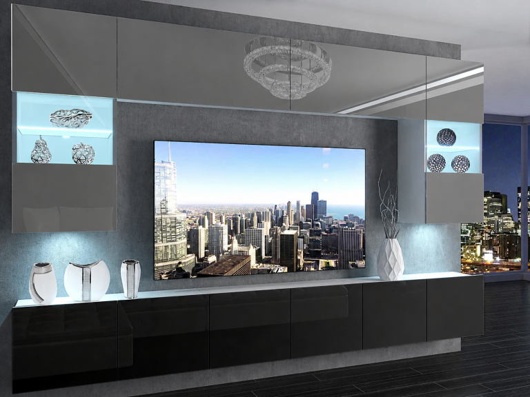 Obývací stěna 300 cm TV/RTV šedý lesk černý lesk Výrobce IMP 1/5/W/WB/0/0