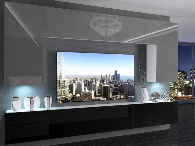 Obývací stěna 300 cm TV/RTV šedý lesk černý lesk Výrobce IMP 2/5/W/SB/0/0