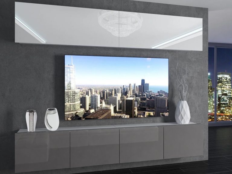Obývací stěna 200 cm TV/RTV bílý lesk šedý lesk Výrobce IMP 6/5/W/WS/0/0