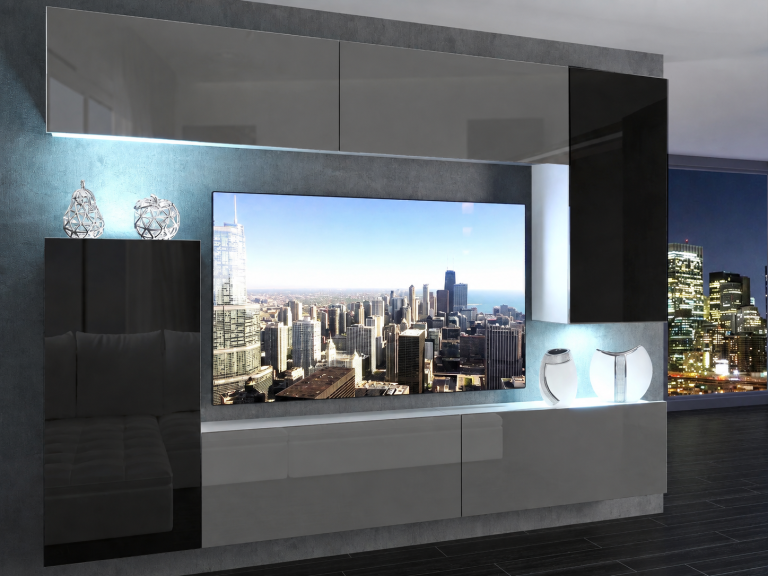Obývací stěna 250 cm TV/RTV šedý lesk černý lesk Výrobce IMP 8/5/W/SBBS/0/0