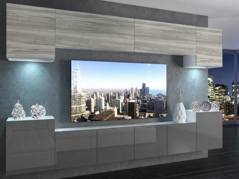 Obývací stěna 300 cm TV/RTV šedý lesk glamour wood Výrobce IMP 4/5/W/GW1S/0/0