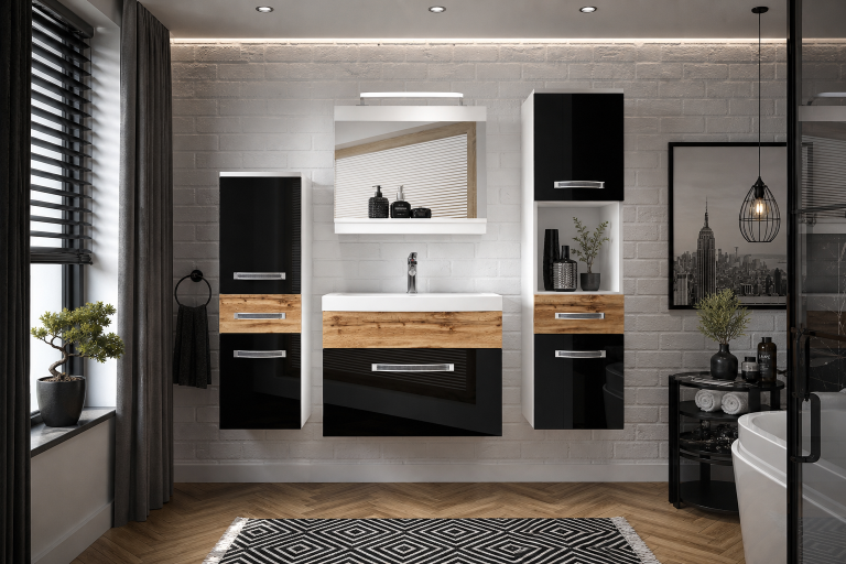 Koupelnový nábytek Belini Premium Full Version černý lesk / dub wotan+ umyvadlo + zrcadlo + LED osvětlení Glamour 95 Výrobce GLA PM 5/0/W/BDW/0/MB/PP
