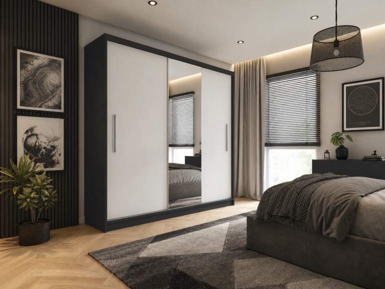 Šatní skříň s posuvnými dveřmi 232 cm se zrcadlem bílá matná Výrobce MES PRIMO SZP4/2/1B/2W1L/0/AL