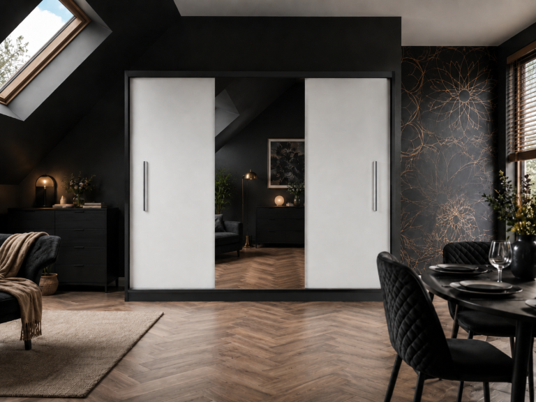 Šatní skříň s posuvnými dveřmi 232 cm se zrcadlem bílá matná Výrobce MES PRIMO SZP4/2/1B/2W1L/0/AL