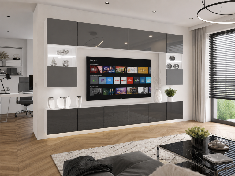Obývací stěna 300 cm TV/RTV šedý lesk Výrobce IMP 1/5/W/S/0/0