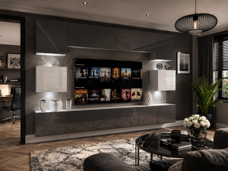 Obývací stěna 300 cm TV/RTV šedý lesk bílý lesk Výrobce IMP 3/5/W/SWS/0/0